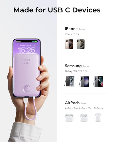 VIYISI Ultra Slim Portable Charger Small 10000mah with Built-in USB C Cable - color: Purple