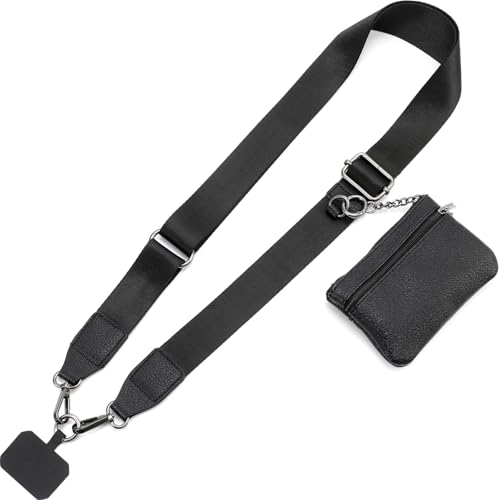 Diaclara Clip and Go Phone Strap with Zipper Pouch- Portable Stylish Crossbody Adjustable Lanyard with Wallet for All Phones, Black - color: Simple Black