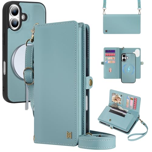 for Wallet Case Compatible with iPhone 17,Multi-Function Detachable 2 in 1 Magnetic iPhone 17 Case Wallet,Flip Strap Zipper Card Holder Phone Case with Shoulder Straps (Blue) - color: Blue, size: iPhone 17