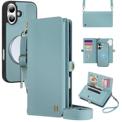 for Wallet Case Compatible with iPhone 17,Multi-Function Detachable 2 in 1 Magnetic iPhone 17 Case Wallet,Flip Strap Zipper Card Holder Phone Case with Shoulder Straps (Blue) - color: Blue, size: iPhone 17