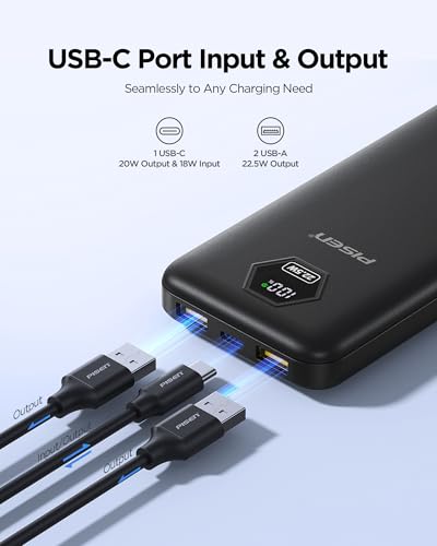 PISEN 10000mAh 3C Power Bank - 10000mAh 22.5W CCC Certified Power Bank, Travel Battery Pack 3C Portable Charger, PD QC LED Display Travel Portable Charger 2USB-A, 1USB-C for iPhone, Samsung and More