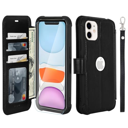 VANAVAGY Wallet Case for iPhone 11 6.1 inch, Black | 12ft Drop-proof Cover for Women Men, Silm PU Leather, RFID Blocking Card Holder, Wrist Strap, Screen Protector - color: Black