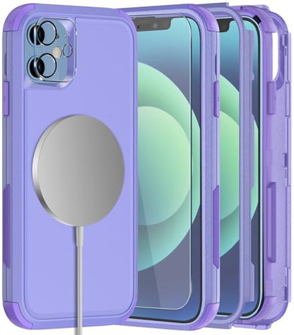 Diverbox for iPhone 12 case,iPhone 12 Magnetic case [with Screen Protector and Camera Lens Protector ] 2 Pack [15 FT Military Grade Drop Protection] Heavy Duty Shockproof Phone Case (Purple) - color: Magnetic Purple