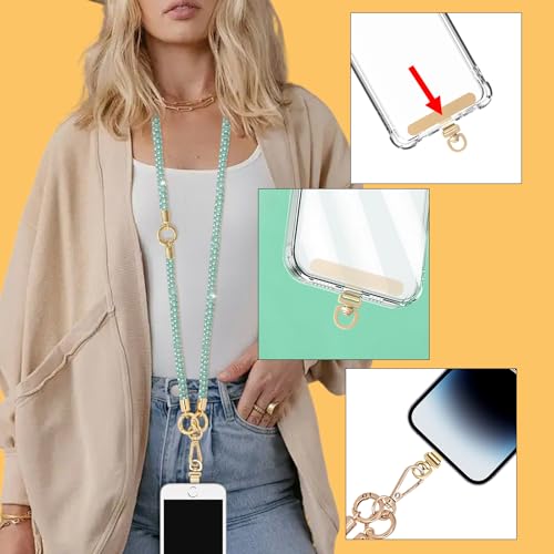 Crystal Phone Strap Crossbody and Wrist Lanyard, Anti Theft Layered & Wrist Strap Cell Phone Neck for Women - color: Green