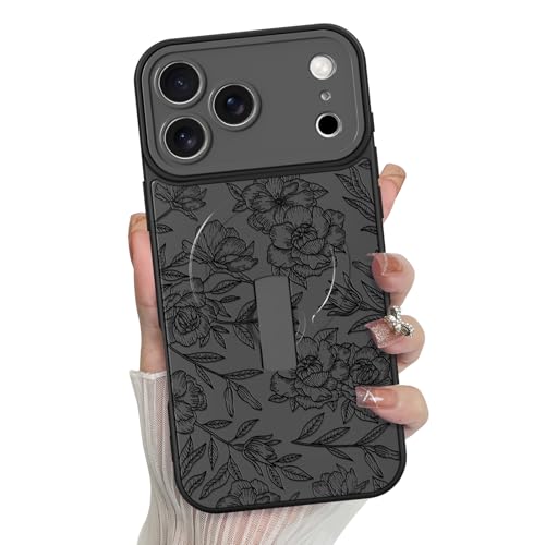 MZELQ for iPhone 17 Pro Case Rose Floral Flower Pattern -Black | Silicone Cute Support for MagSafe, Kickstand Wristband Camera Protection Soft Slim Phone Case for Girls Women - color: Black-Rose, size: iPhone 17 Pro