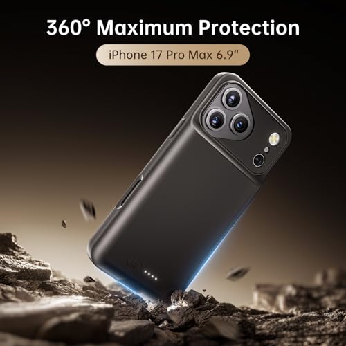 GIN FOXI Battery Case for iPhone 17 Pro Max, Charging Case Charger 8500mAh Ultra-Slim Lightweight Powerful Battery Pack 15W Fast Rechargeable Anti-Fall TPU Juice Box for 17 Pro Max (6.9") Black - color: Black