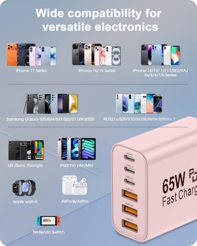 2-Pack 65W USB C Charger Block, 6-Port Fast Wall Charging Block [3 PD USB-C & 3 QC USB-A] for iPhone 17 16 15 Pro Max, iPad Pro, Galaxy S26 S25, Pixel 10 9, iWatch,Google & More - color: Pink