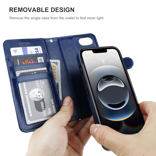 Bocasal Detachable Wallet Case Card Holder for iPhone 17e/16e, Blue | RFID Blocking Kickstand Card Slots Holder PU Leather Magnetic Shockproof Wrist Strap Removable Flip Protective Cover 6.1 inch - color: Blue