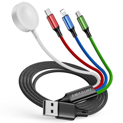 Travel Essentials 4 in 1 iWatch & iPhone Charger,Multi Charging Cable for Apple Watch Charger USB C Micro Nylon Compatible with iWatch Ultra/SE/10/9/8/7/6/5/4/3/iPhone 16/15/14/13 Galaxy Phone(4FT) - size: 4ft