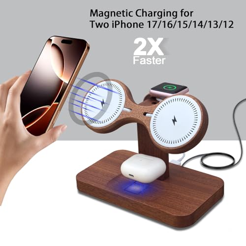 Wood Dual Phone Charging Station Compatible with Magsafe Charger - color: Without Apple Watch Charger