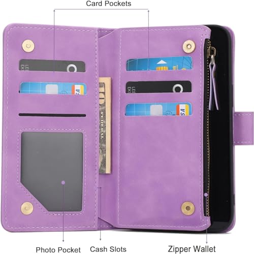 RANYOK Compatible with iPhone 15 Wallet Case with [RFID Blocking] [Zipper Pocket] [Kickstand] [Wrist Strap] PU Leather Wallet Case for iPhone 15 6.1 inch - Purple - color: Purple
