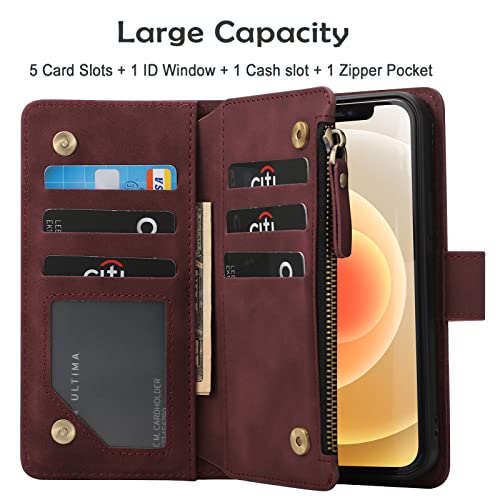 RANYOK Wallet Case Compatible with iPhone 13/14 (6.1 inch), Premium PU Leather Zipper Flip Folio Wallet RFID Blocking with Wrist Strap Magnetic Closure Built-in Kickstand Protective Case (Wine Red) - color: Wine Red