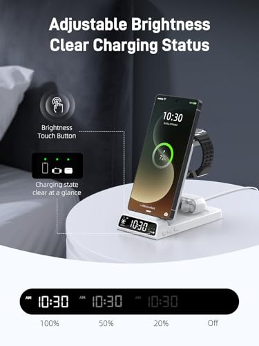 Wireless Charger for Samsung S25 with Clock 3 in1 Foldable Charging Station - color: White