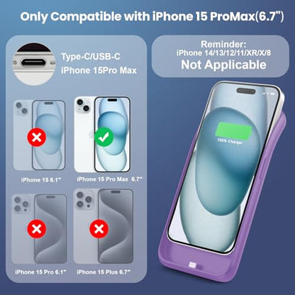 Battery Case for iPhone 15 Pro Max,Powerful 8600mah Ultra-Slim Protective Charging Case,15W Fast Charging Portable Rechargeable Expandable Battery Charger Cover for iPhone 15 Pro Max(6.7inch)-Purple - color: Purple