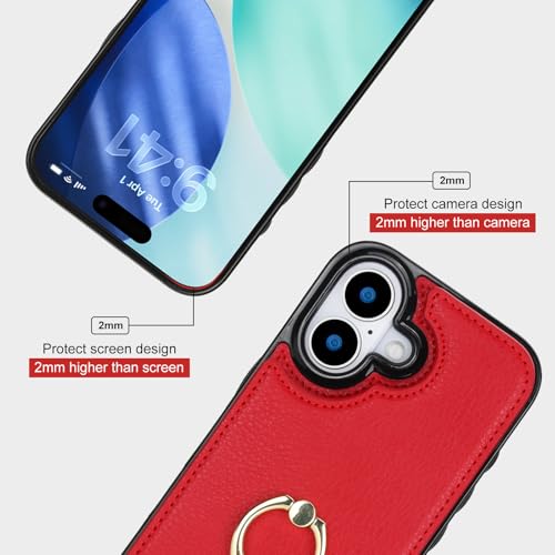Folosu for iPhone 17 Case Wallet with Card Holder, Finger Ring Cover Red - color: Red