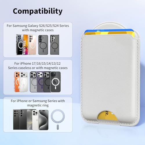 Magnetic Wallet for Samsung Galaxy S26 S25 S24 Series, Fold 8 Ultra with Magsafe Case, for iPhone 17-12 Series, RFID Blocking Leather Magnetic Card Holder | Holds 3 Cards | White - color: White