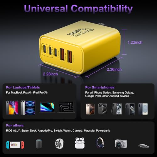 USB C Super Fast Charger Block, 100W USBC Charging Block Wall Plug Adapter - color: Yellow