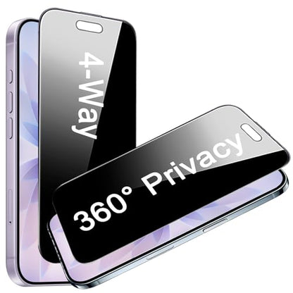2 Pack 4 Way 360 Degree Privacy Screen Protector for iPhone 16 Pro/iPhone 17, 4 Directions Horizontal and Vertical All Around Anti Spy Tempered Glass Film, Face ID Sensitive - size: for iPhone 16 Pro/17 6.3"