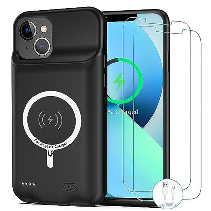 Battery Case for iPhone 13, [10000mAh] Enhanced Rechargeable Portable Protective Qi Wireless Charger Case Battery Pack Support CarPlay Wireless Charging Cover Compatible with iPhone 13(6.1 inch)-Black - size: iPhone 13
