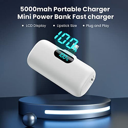 [2-Pack] Mini Portable Charger 5000mAh Power Bank, 3A PD USB C Cell Phone Portable Power, LCD Display Battery Pack Compatible with iPhone 15/15 plus/15 pro/15 pro Max/Android phone/Samsung/Moto/LG etc - color: White+Purple