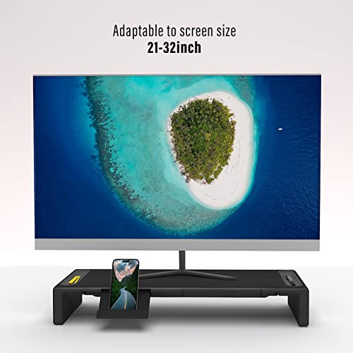 Adjustable Monitor Riser with Drawer & Phone Holder, Foldable Desk Stand - color: Black-Basic