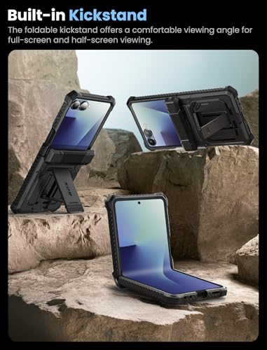 i-Blason for Samsung Galaxy Z Flip 7 Case with Stand & Belt-Clip, Black | Built-in Screen Protector, Hinge Protection, Belt-Clip, KickStand, Full-Body Protection, Military - color: Black