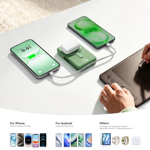 Q Magnetic Wireless Portable Charger 10,000mAh, Travel Essentials Power Bank with Built-in Cables & Foldable Stand, External Battery Pack Compatible with iPhone 17/16/15/14/13/12, Apple Watch - color: Green
