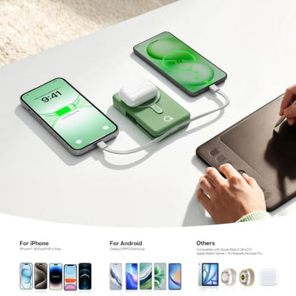 Q Magnetic Wireless Portable Charger 10,000mAh, Travel Essentials Power Bank with Built-in Cables & Foldable Stand, External Battery Pack Compatible with iPhone 17/16/15/14/13/12, Apple Watch - color: Green