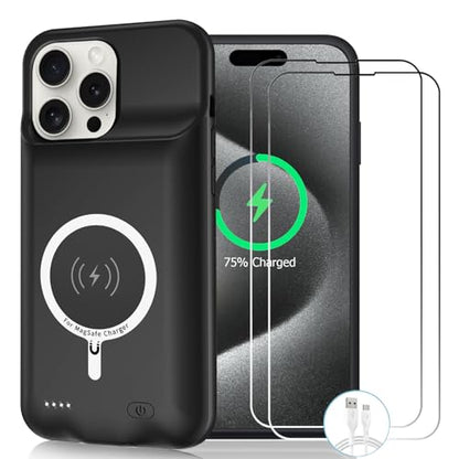 Wireless Charging Case for iPhone 15 Pro, 10000mAh High Capacity Portable Rechargeable Battery Case Wireless Charging Compatible with iPhone 15 Pro (6.1 inch) Extended Battery Charger Case (Black) - size: iPhone 15 Pro