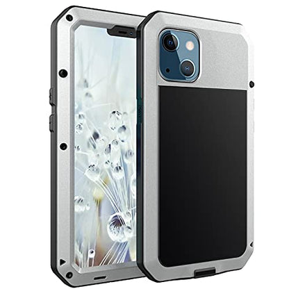for iPhone 13 Case, 360 Full Body Protective Cover Heavy Duty Shockproof Tough Armour Aluminum Metal Case with Silicone Built-in Screen Protector for Apple iPhone 13 6.1 Inch - Silver - color: Silver