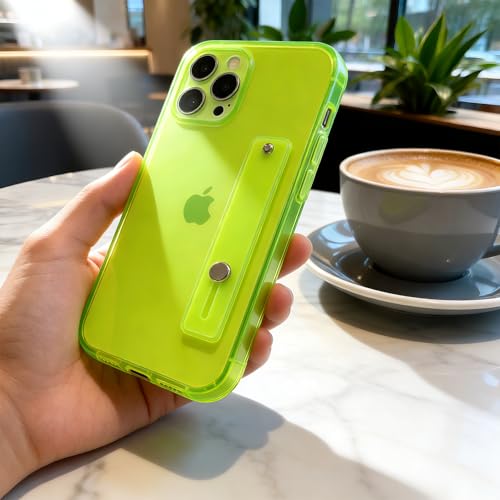 Strap Case for iPhone 13 Pro Max with Stand, Neon Green | Wrist Strap Kickstand, Adjustable Finger Hand Grip Loop, Slim Transparent Anti-Scratch Back, Soft Bumper Phone Cover - color: Neon Green, size: iPhone 13 Pro Max