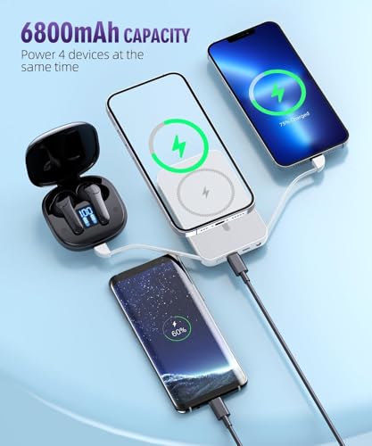 for Magnetic Power Bank, 6800mAh Wireless Portable Charger with PD30W Fast Charging, Battery Pack Built-in 2 Output Cables for iPhone Series(Silver White) - color: Silver White