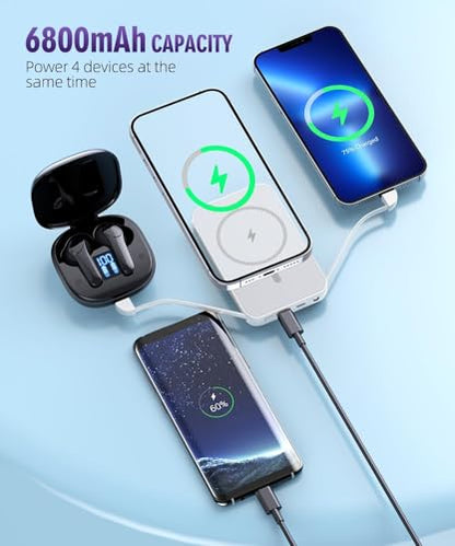 for Magnetic Power Bank, 6800mAh Wireless Portable Charger with PD30W Fast Charging, Battery Pack Built-in 2 Output Cables for iPhone Series(Silver White) - color: Silver White