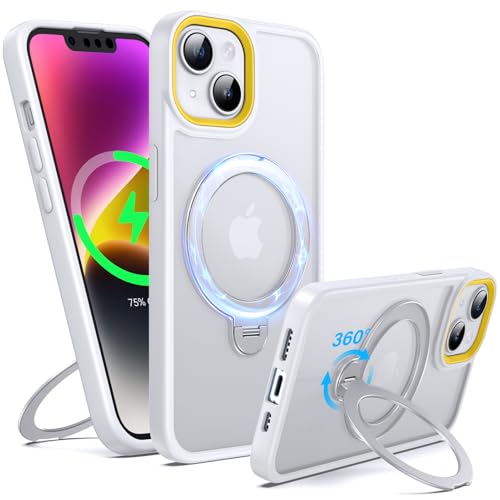Supdeal Magnetic Stand Case for iPhone 13/14, [360° Rotating Invisible Kickstand] [Compatible with Mag Safe] [Military Grade Protection] Ring Magnet Holder Matte Phone Cover, 6.1'', White - color: White, size: iPhone 13/14
