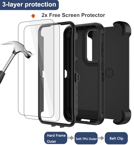 for Samsung Galaxy S25 Case, Samsung Galaxy S24 Case, with 2X Screen Protector, Dual Layer Bumper Cover with Belt Clip Holster & Kickstand Phone Case for Galaxy S25/S24 5G (Black) - color: Black