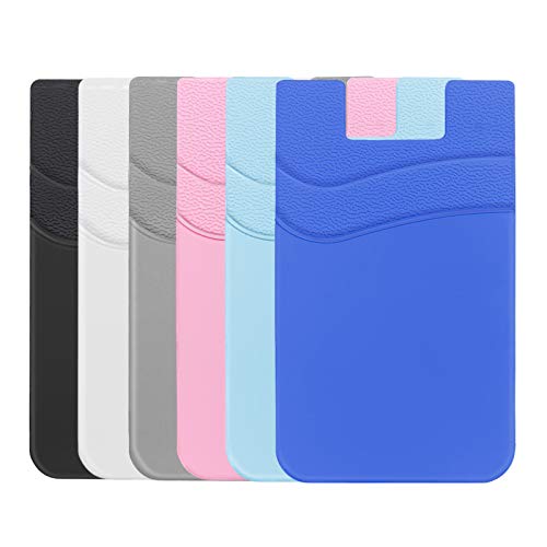 SS Phone Wallet Stick On, Adhesive Phone Card Holder Credit Card Stick on Wallet 2 Pocket Sleeve Suitable for iPhone, Samsung, Most Smartphones 6 Pack - color: Black+White+Gray+Pink+Dark Blue+Light Blue