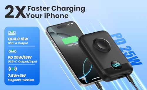 Magnetic Portable Charger for iPhone and Apple Watch, 10800mAh 25W PD Fast Charging USB C Power Bank, 4 Outputs Dual-Side Magnet Travel Essentials Battery Pack for iPhone 18/17/16/15/14/13/12 Series - color: Black