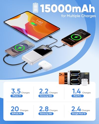 CFIAI Portable Charger 15000mAh Slim Power Bank with Built in Cables - color: Platinum