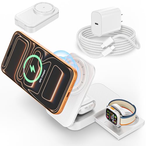 [Apple MFi Certified]Magnetic Charger 3 in 1 Charging Station,25W Wireless Foldable Mag-Safe Charger 6FT USB-C Cable Wireless iPhone Charging Station Compatible with iPhone 17/16/15/14/13/12 Pro/Plus