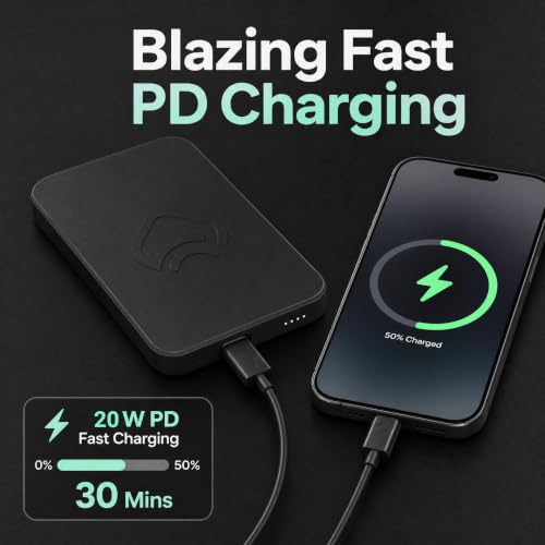 5000mAh Magnetic Power Bank for MagSafe iPhone, 20W USB-C, Black | 0.3in ultra-slim, 4oz aluminum shell, charges iPhone 16 to 55% in 30 min, wireless + wired, Type-C cable included
