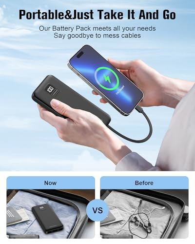 AsperX 2-Pack 10000mAh Portable Charger Built-in USB C Cables, LED Display - color: Black+Black