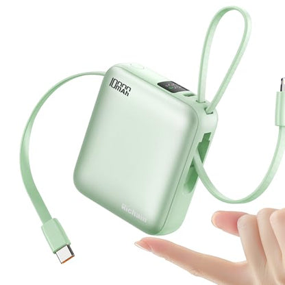 Hichain Portable Charger with Dual Built-in Cables 10000mAh Small Power Bank 22.5W Fast Charging Mini Powerbank LED Display Travel Essential Battery Pack for iPhone 17 16 15 14 13 All Series Green - color: Green