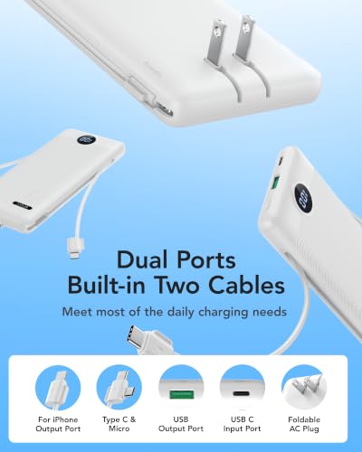 VRURC 10000mAh Portable Phone Charger, Built-in AC Plug & Cables, White - color: White