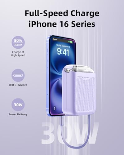 Innostyle 10000mAh Power Bank, 30W Portable Charger with Built‑in USB‑C - color: Purple