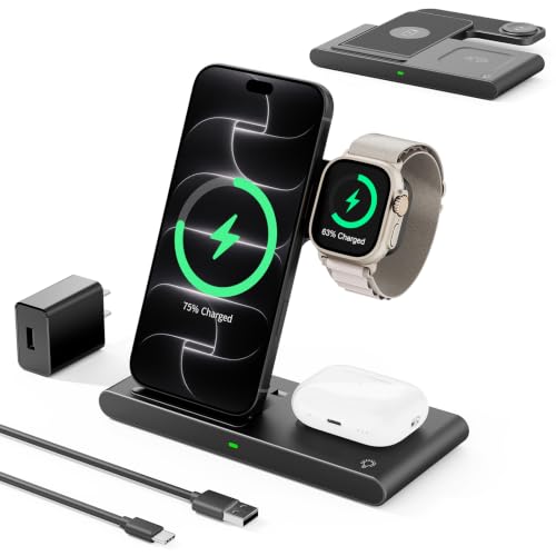 3 in 1 Foldable Wireless Charger Stand for iPhone Apple Watch AirPods - color: Black
