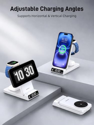 3 in 1 Charging Station for Apple, Travel Wireless Charger with Clock - color: white