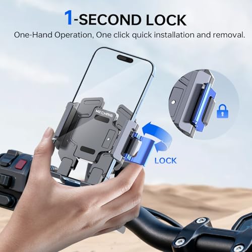 Motorcycle Phone Mount, CNC Aluminum Alloy Bike Phone Holder with Vibration Dampener & Dual 360° Ball Head, One-Click Lock Handlebar Clamp for iPhone 17 16 Pro Max Samsung (Mount002)