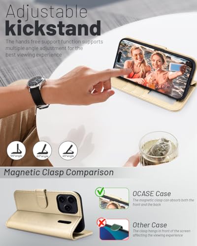 OCASE Compatible with iPhone 17 Pro Wallet Case, PU Leather Flip Folio Case with Card Holders RFID Blocking Kickstand [Shockproof TPU Inner Shell] Phone Cover 6.3 Inch 2025, Gold - color: Gold