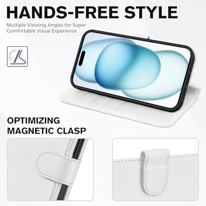 TUCCH Case Wallet for iPhone 15 (6.1") 2023, RFID Blocking Folio, White | 4 Card Holders, Kickstand, PU Leather, Magnetic Closure, Shockproof TPU Shell, Protective Flip Cover - color: White
