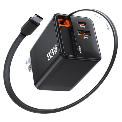 Retractable Charger, 83W Retractable USB C Charger with Type-C Cable and QC18W PD30W Port, PD PPS Fast Charging Block with Foldable Plug for iPhone 17 16 15 14 13 12 11, Galaxy, LG, Pixel, Tablet